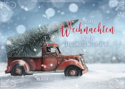 Postkarte Frohe Weihnachten- Pickup mit Tannenbaum