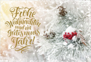 Postkarte Frohe Weihnachten/Tannenzweig, Zapfen, Beeren